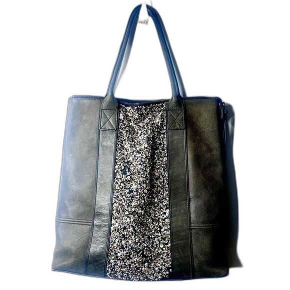 Large Allsaints Co LTD Leather tote Bag Olive with Sequin Panel 2 handles zip - Picture 2 of 12
